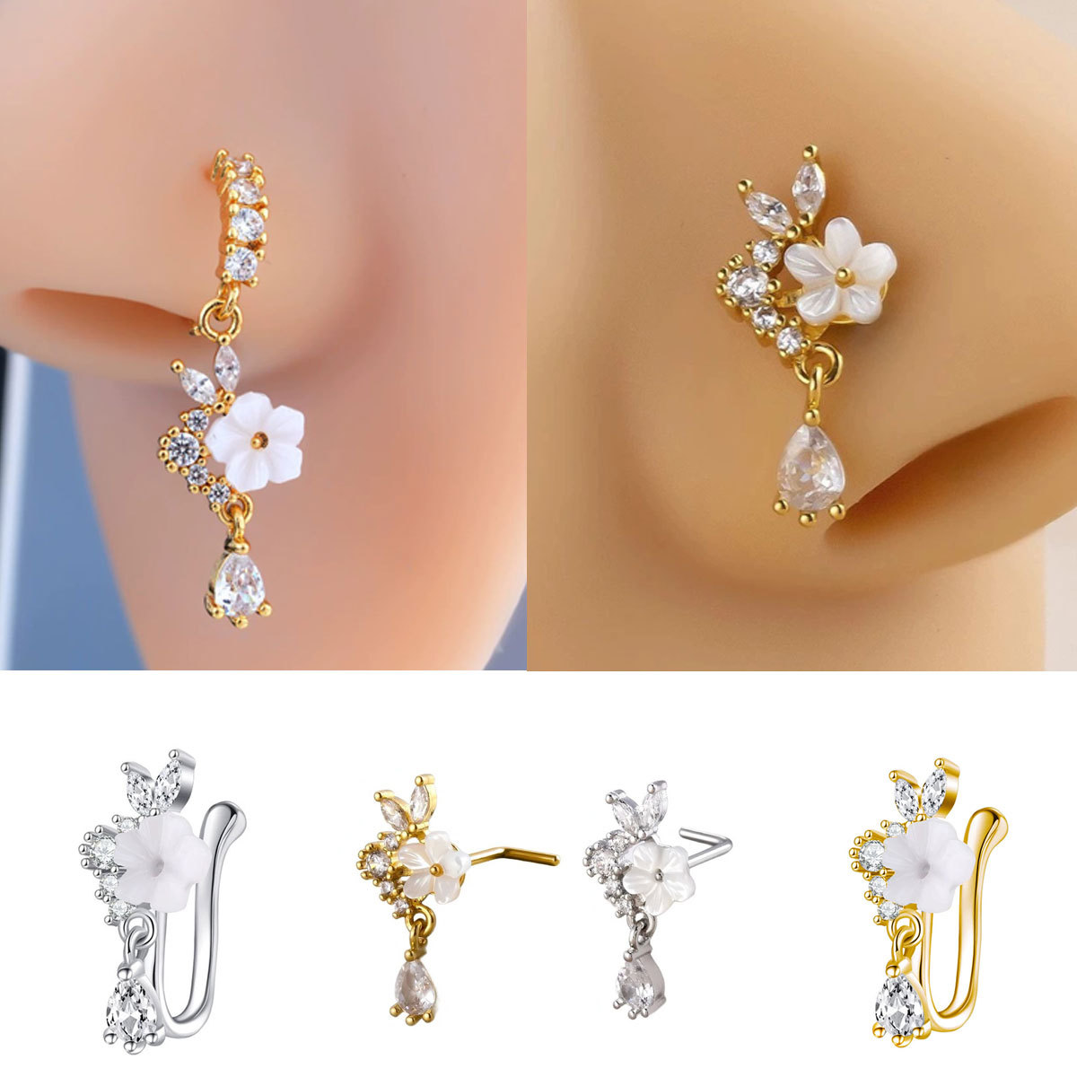Gold Flower Nose Ring with Dan - đánh giá và giá Body Jewelry Surgical Steel
